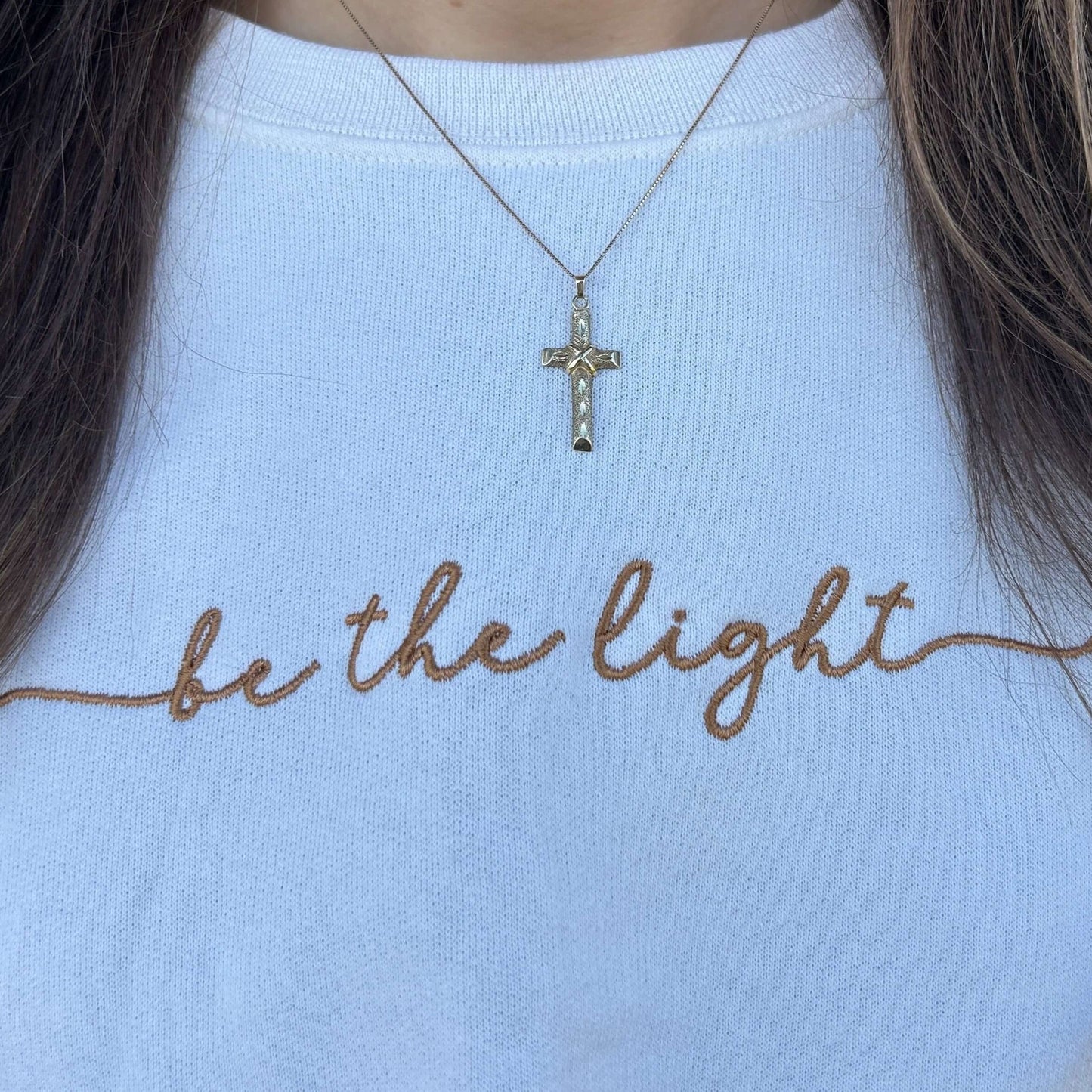 Embroidered Lettering on Be the Light Sweatshirt