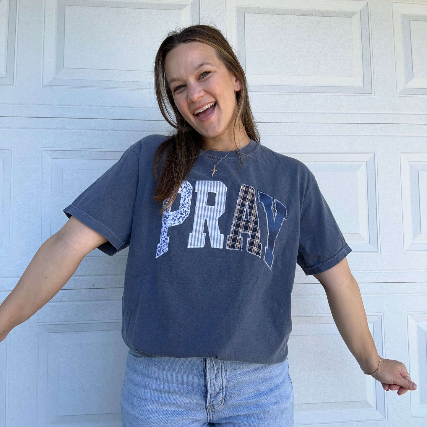 Embroidered Pray Graphic Tee Shirt