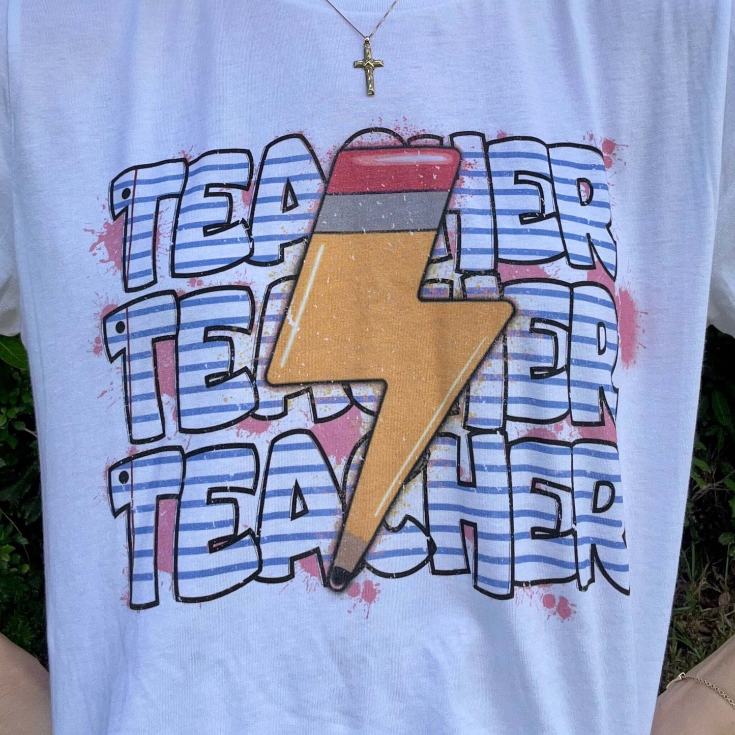 Pencil Lightning Bolt Teacher Tee close up