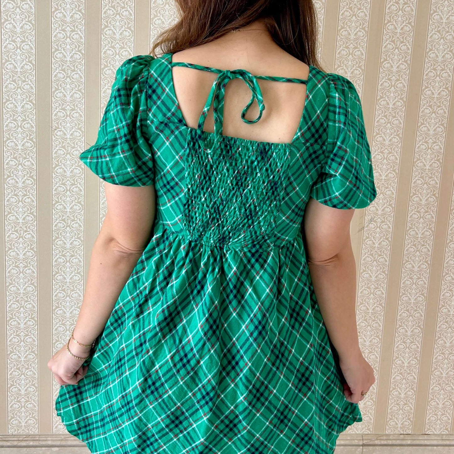 Plaid Christmas Mini Dress Back Bow