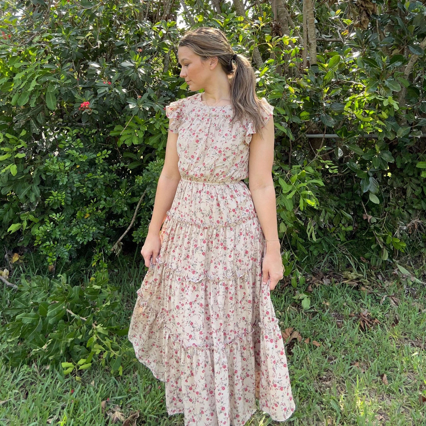 Tan Floral Maxi Dress Front