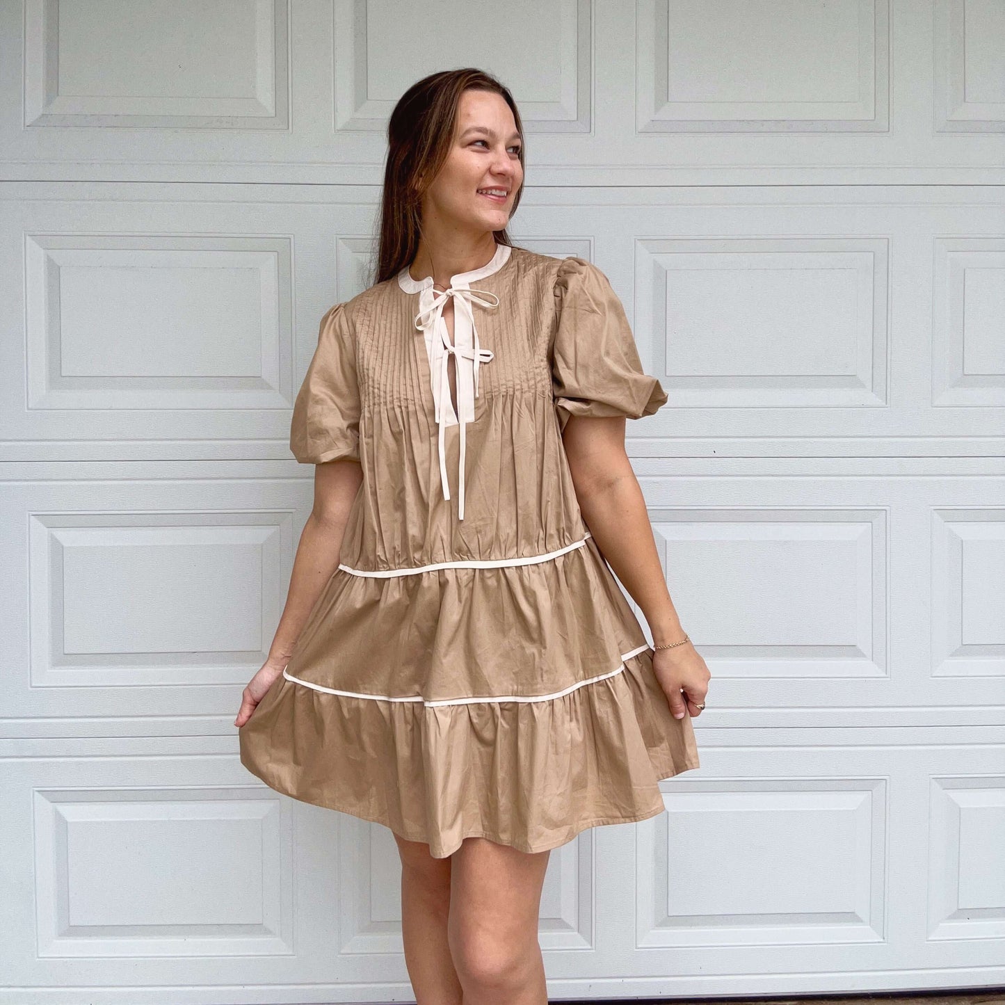 Tiered Khaki Mini Dress Front