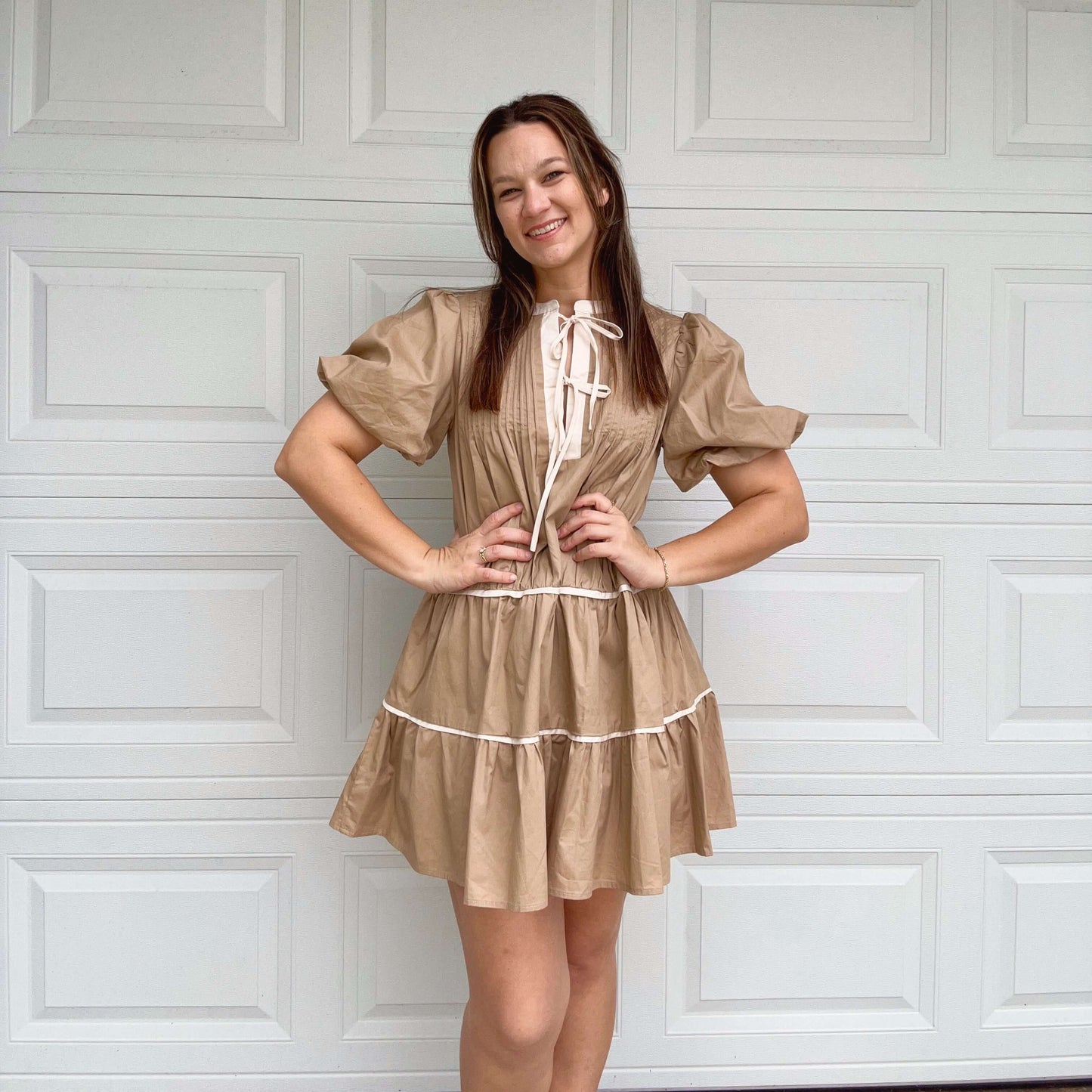Tiered Khaki Mini Dress with Puff Sleeves