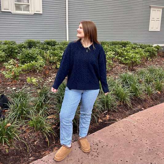 V-neck cable knit sweater navy