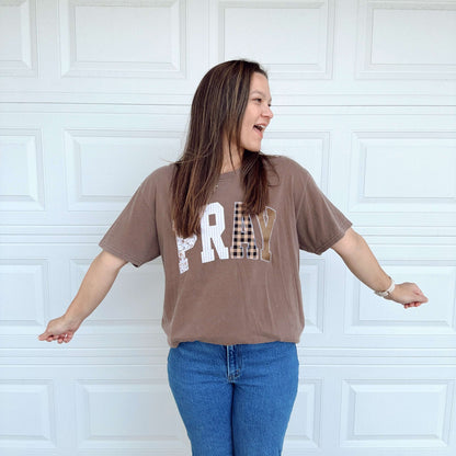 Patchwork Pray Graphic Tee Brown Front