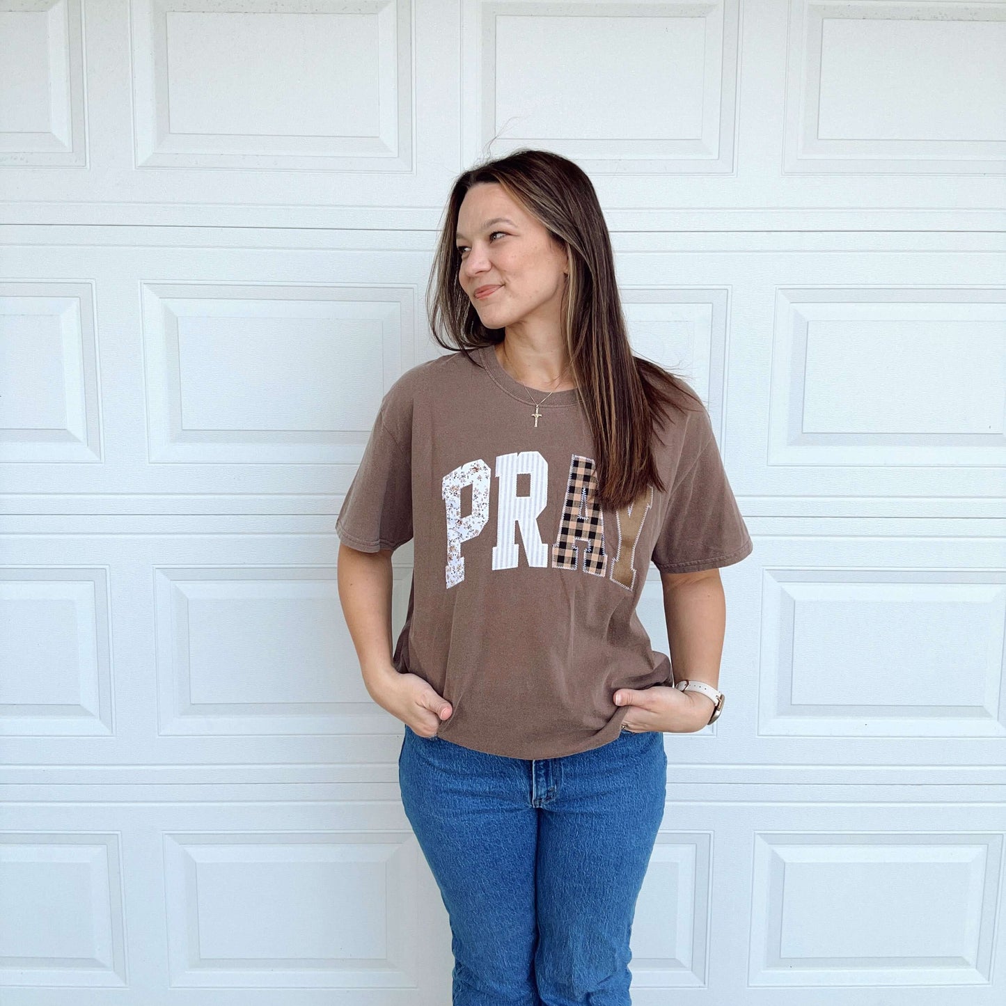 Patchwork Pray Tee Shirt Brown