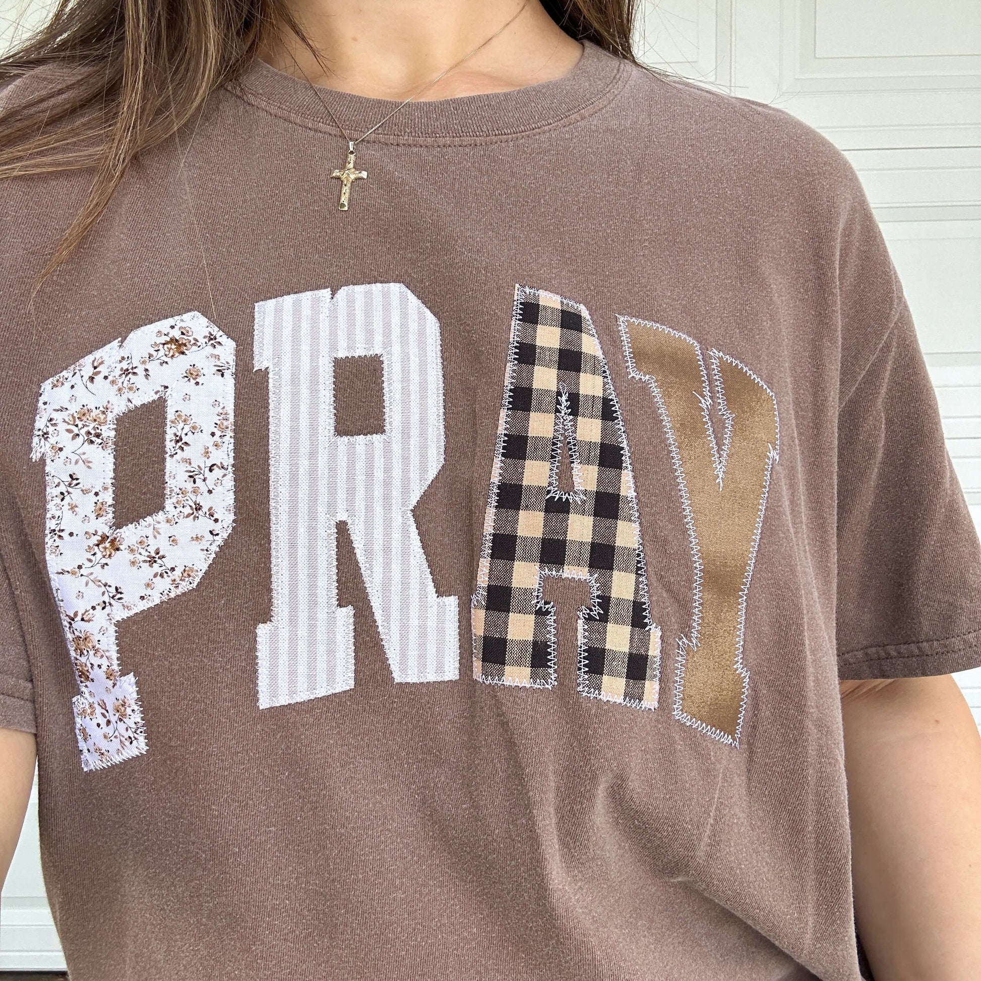 Patchwork Pray Tee Shirt Brown Close Up