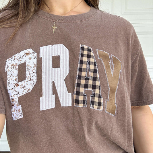 Patchwork Pray Tee Shirt Brown Close Up