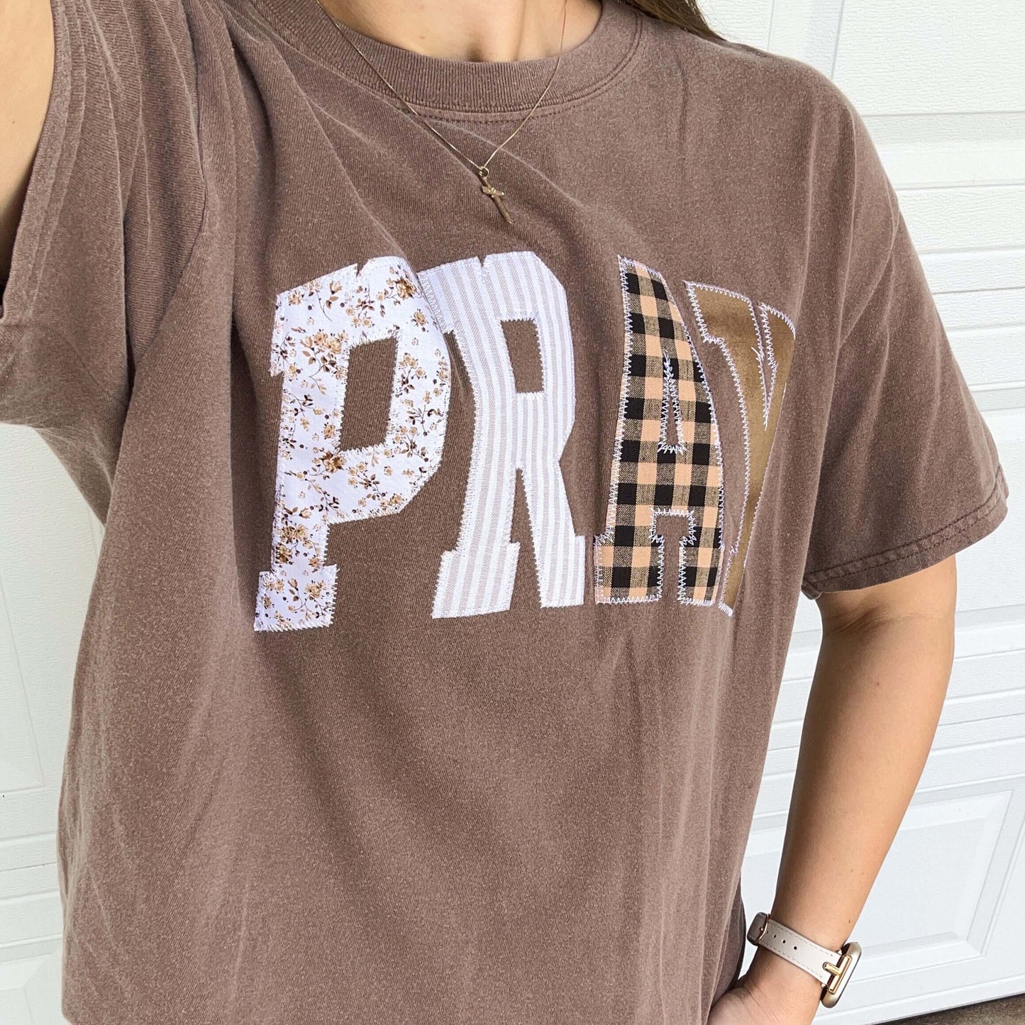 Patchwork Pray Tee Shirt Brown Outfit