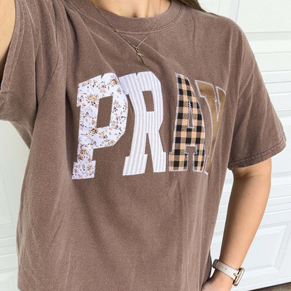 Patchwork Pray Tee Shirt Brown Outfit