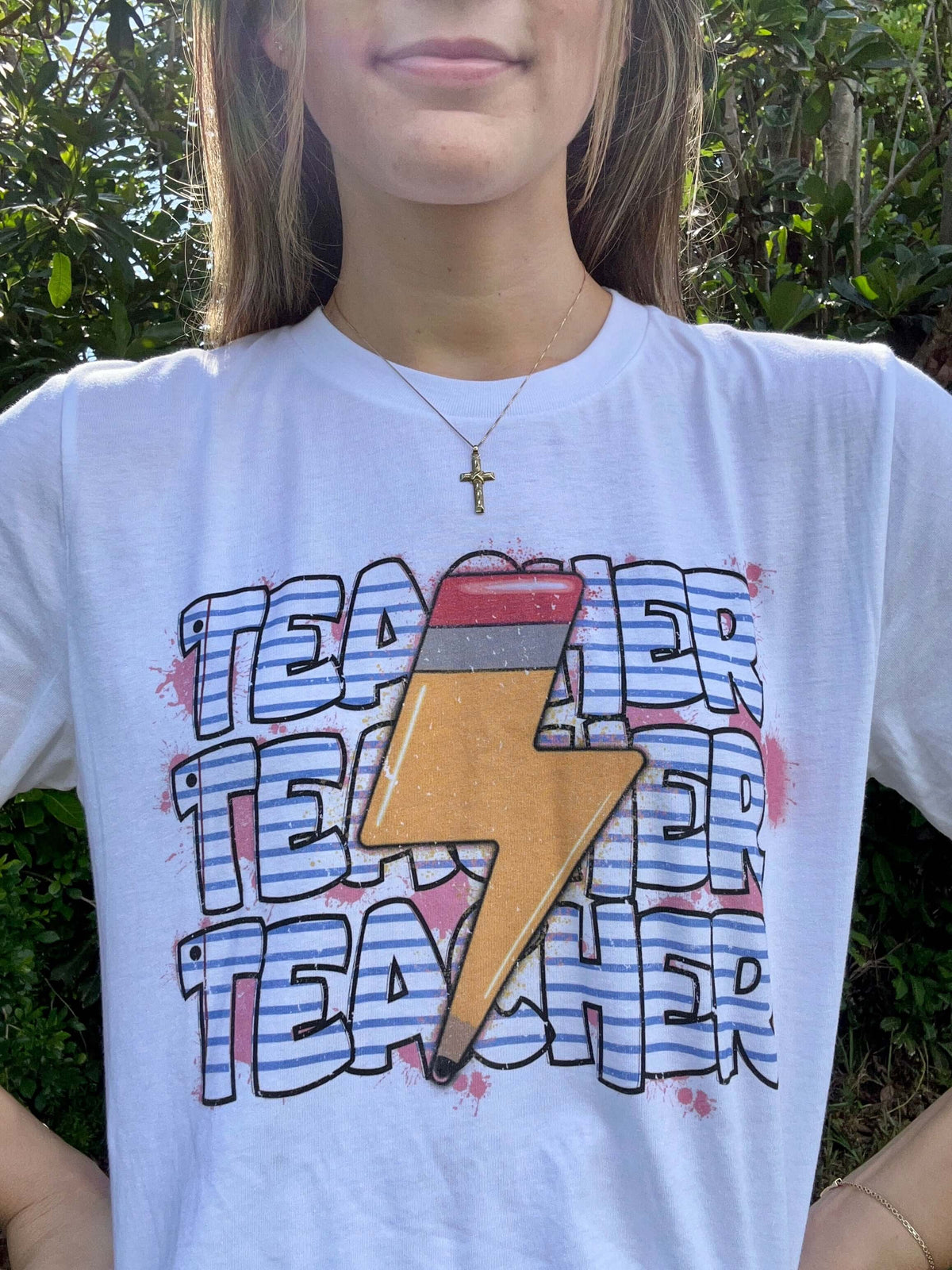 Pencil Lightning Bolt Teacher Tee close up