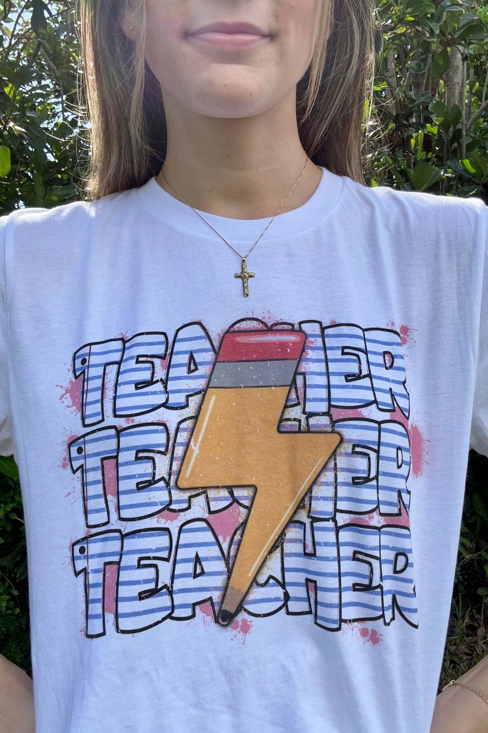 Pencil Lightning Bolt Teacher Tee close up