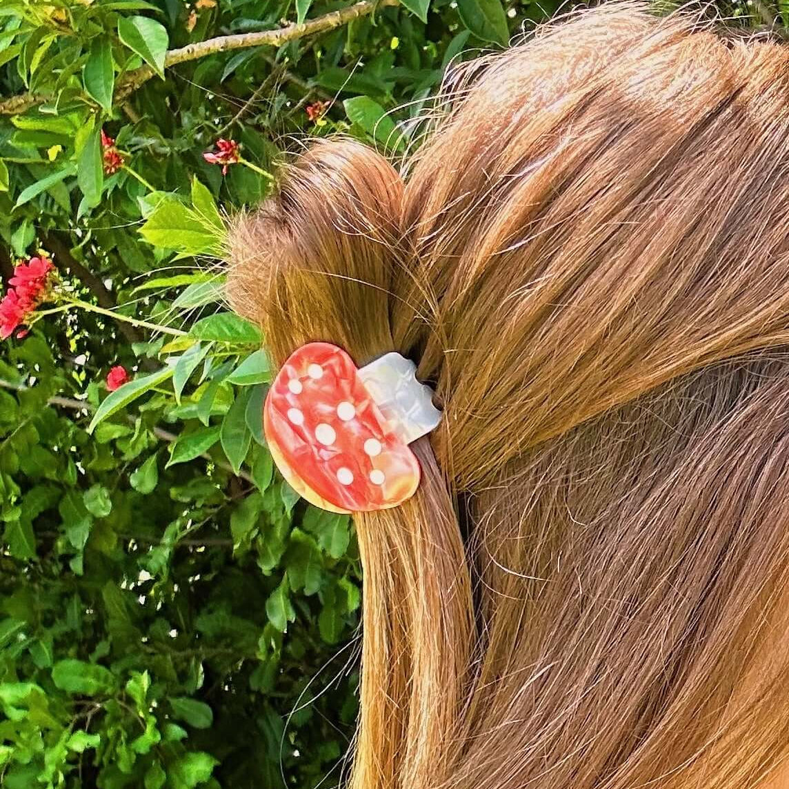Red Mushroom Hair Claw Close Up