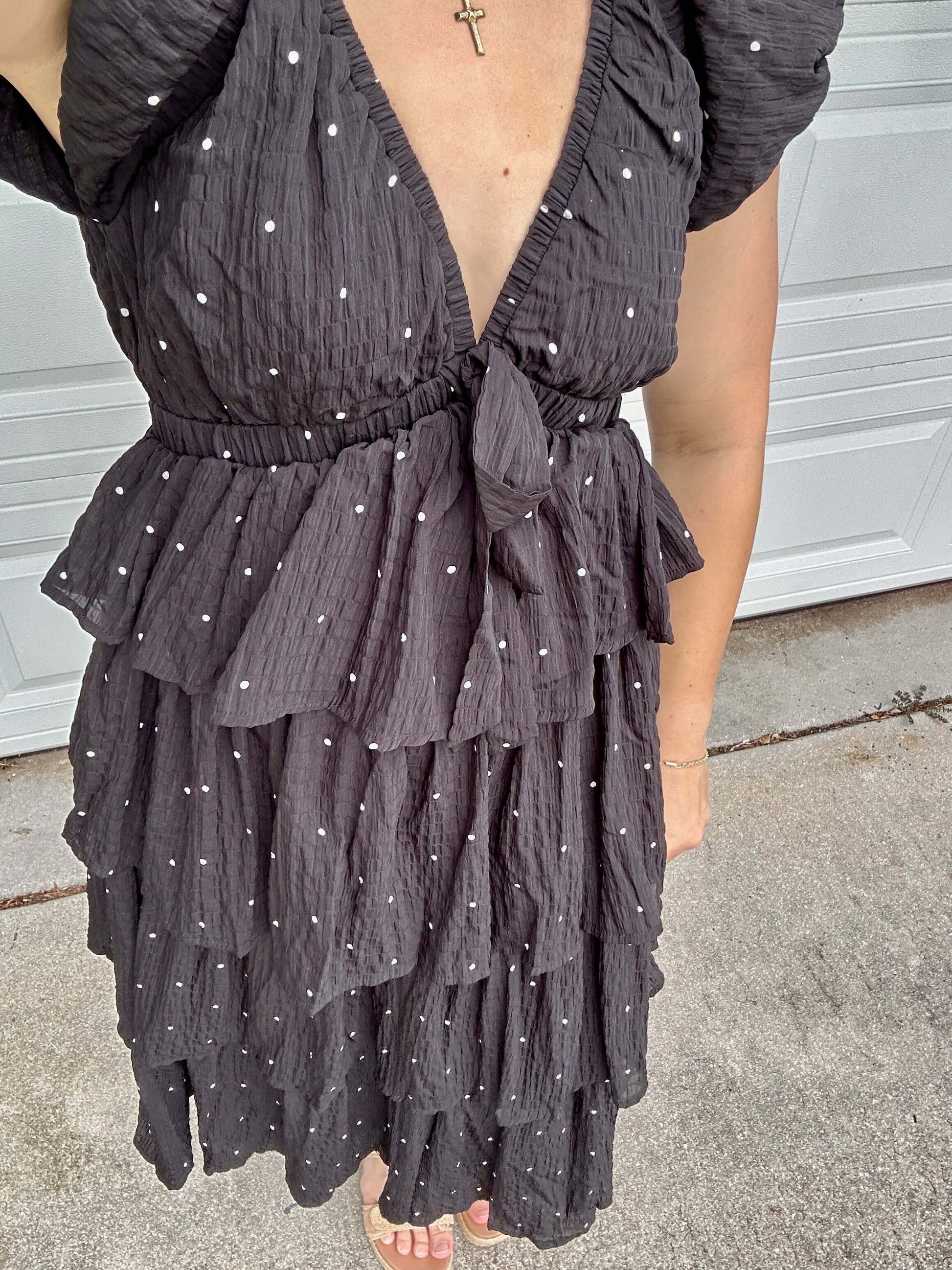 Ruffled Polka Dot Midi Dress Outfit