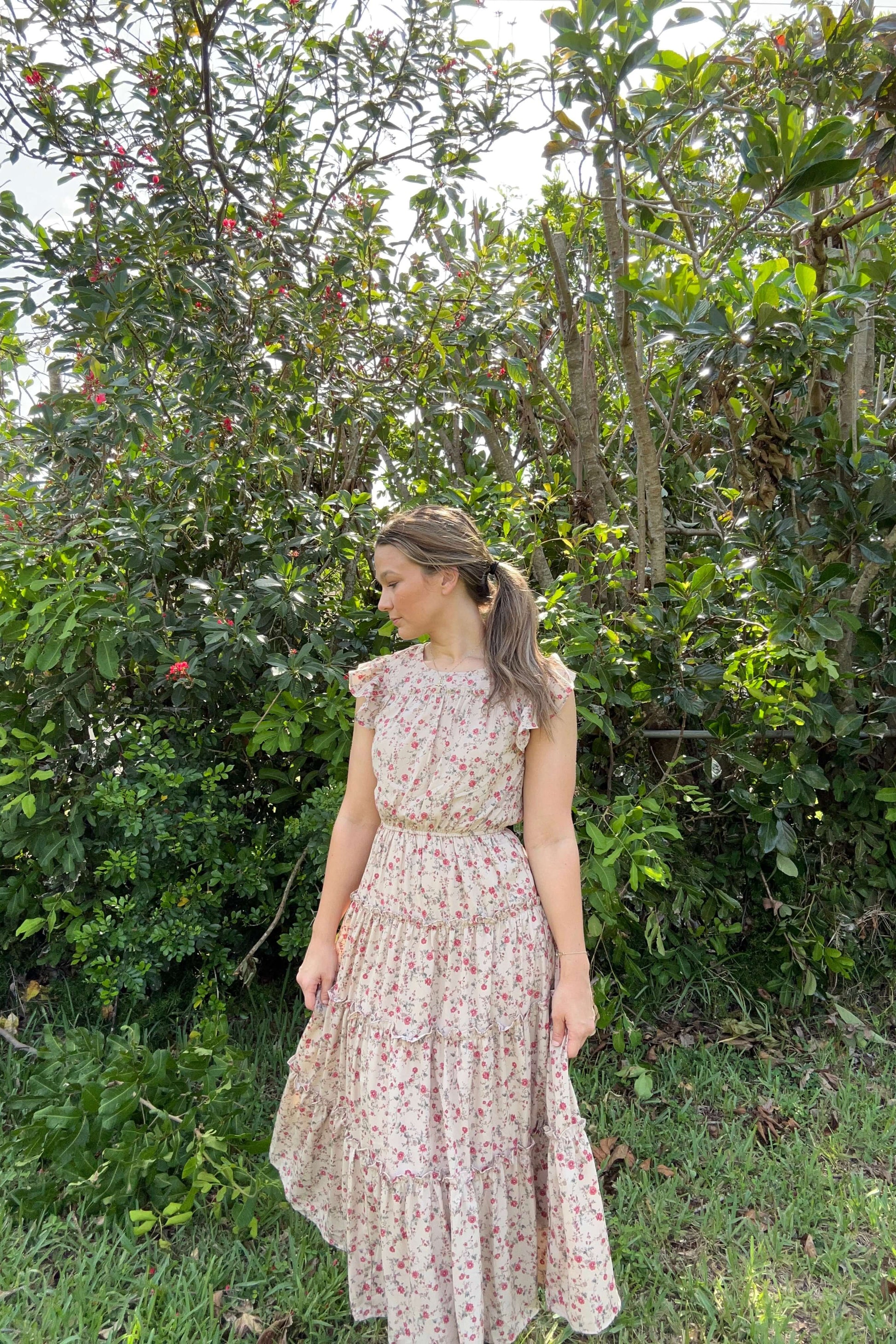 Tan Floral Maxi Dress Front