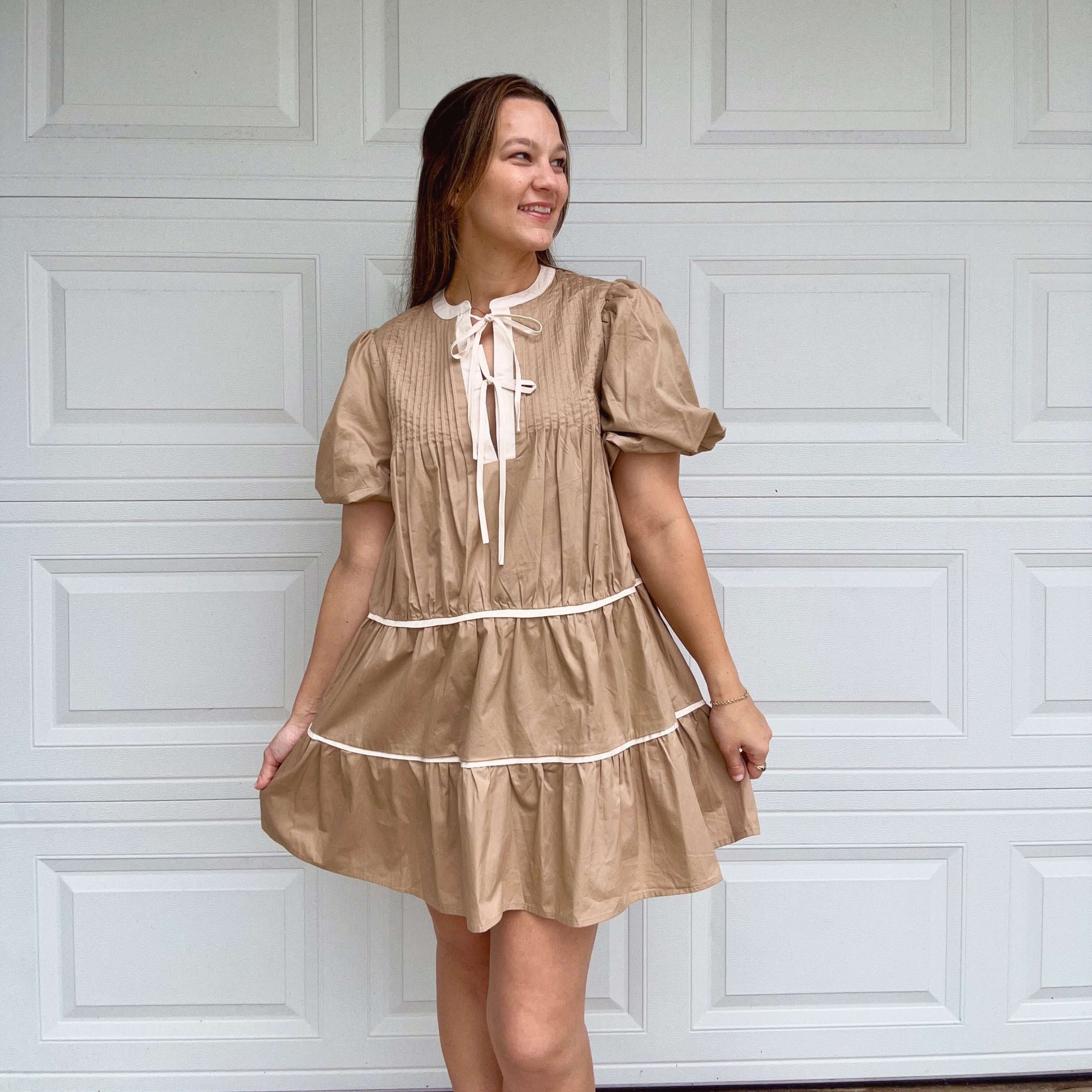 Tiered Khaki Mini Dress Front