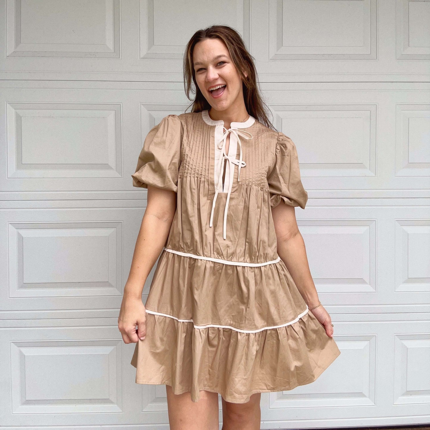 Tiered Khaki Mini Dress Outfit