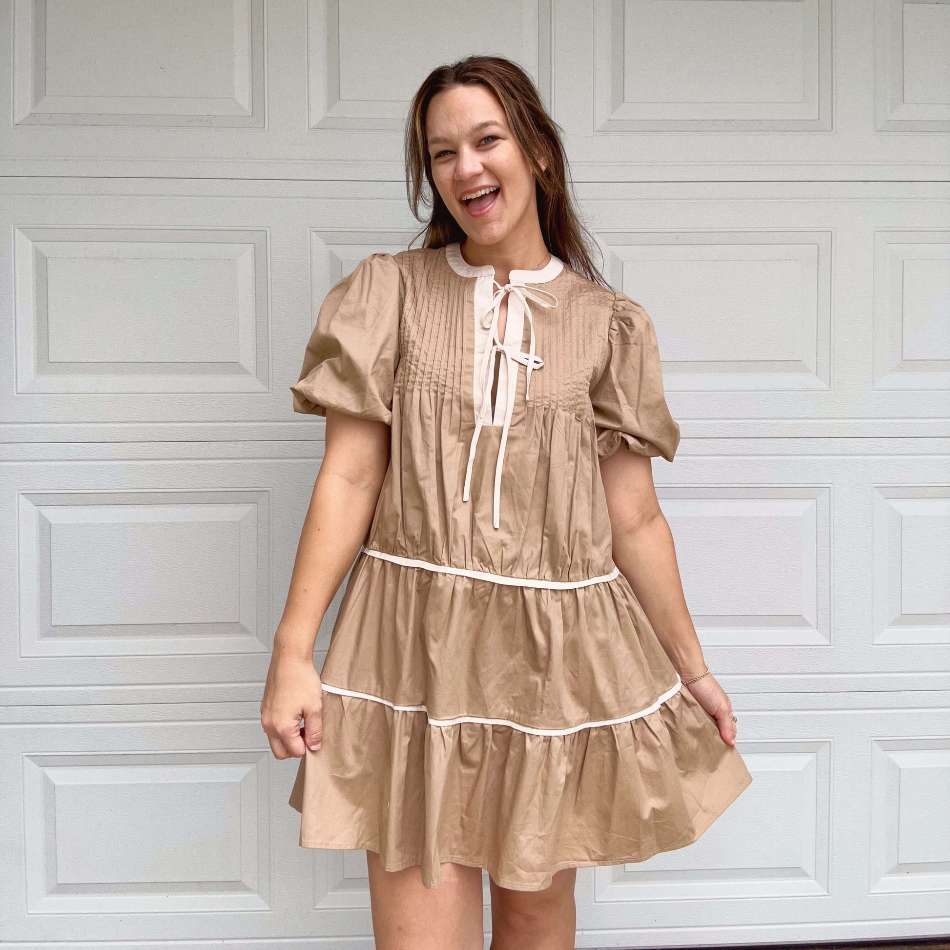 Tiered Khaki Mini Dress Outfit