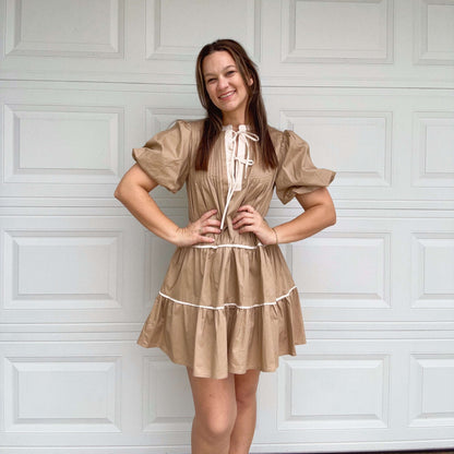 Tiered Khaki Mini Dress with Puff Sleeves