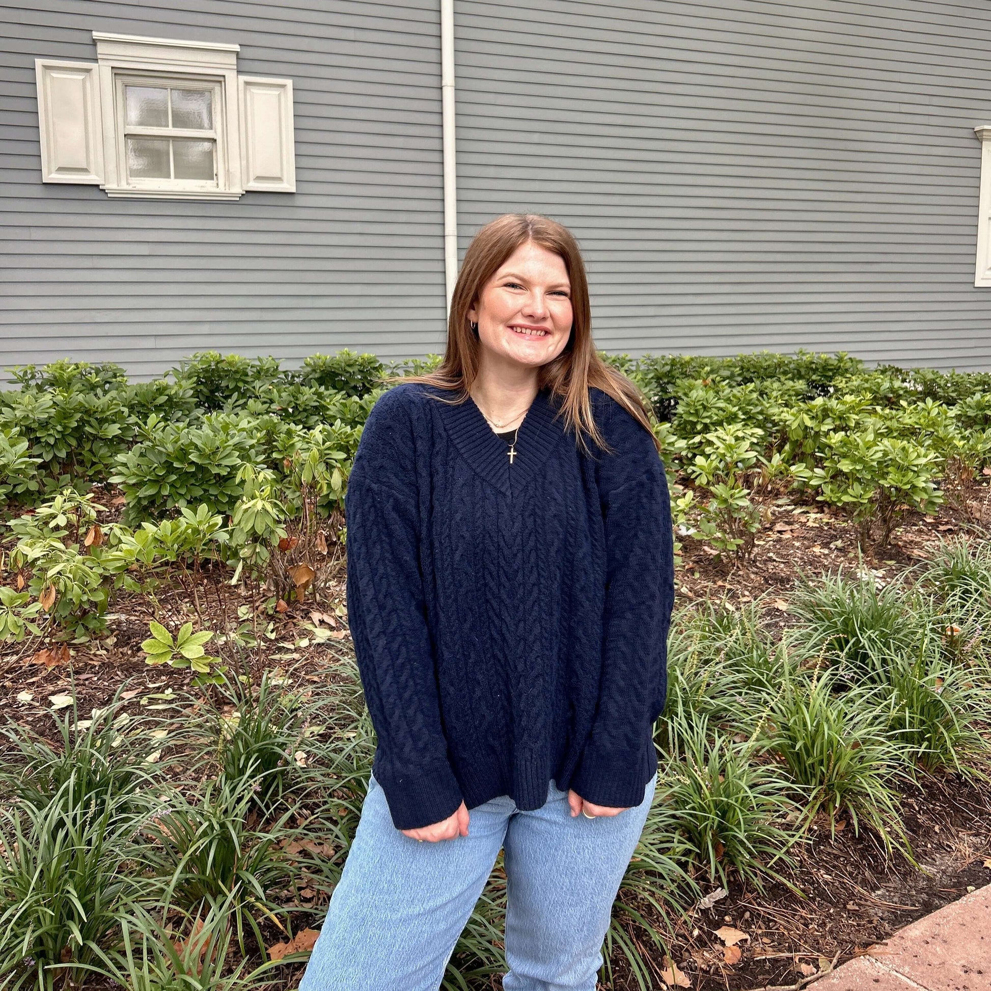 V-neck cable knit sweater